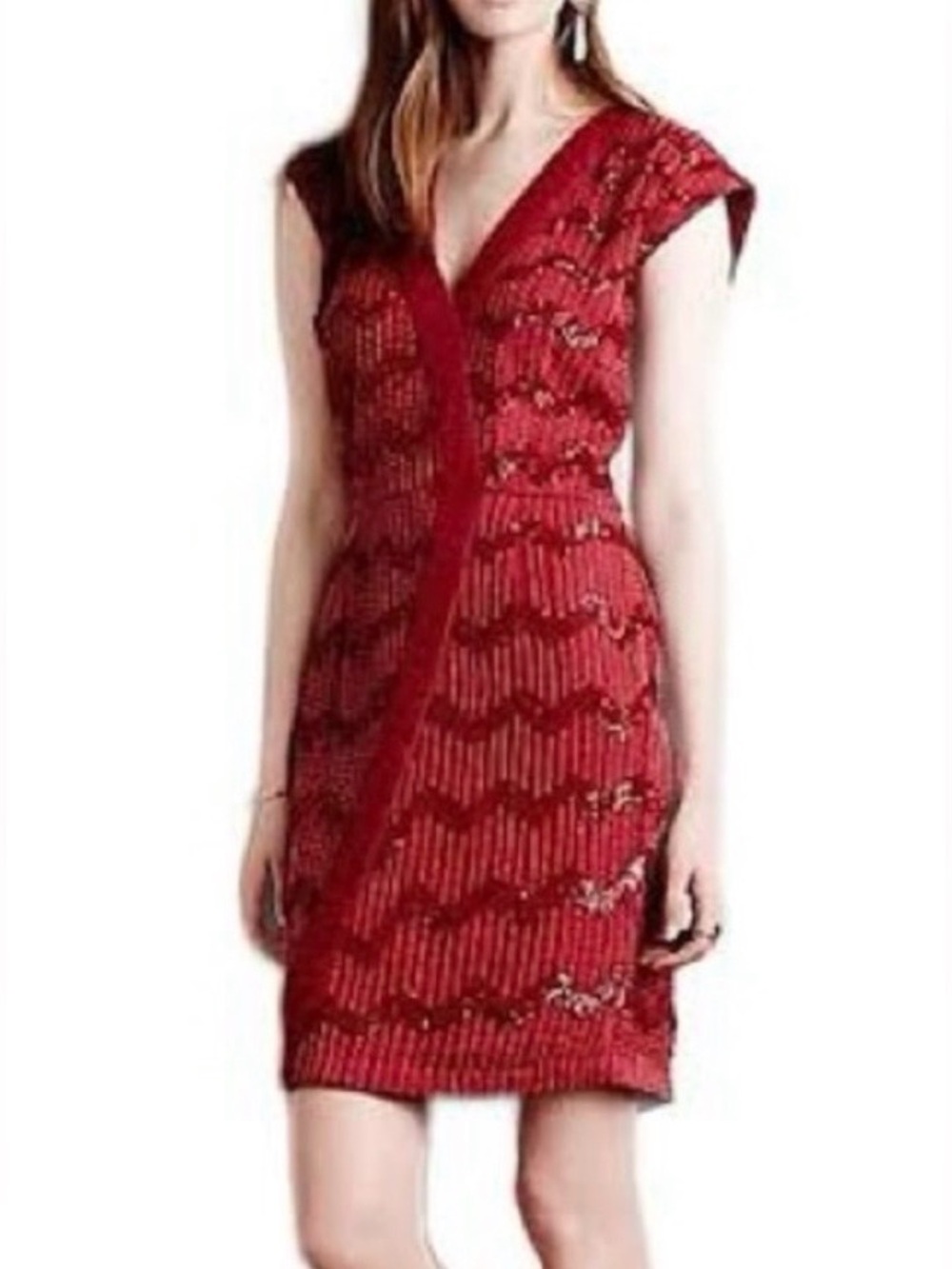 Hoss Intropia Sparkling Sequin Wavy Pattern Drk Red Beaded Cocktail Dress Size 6